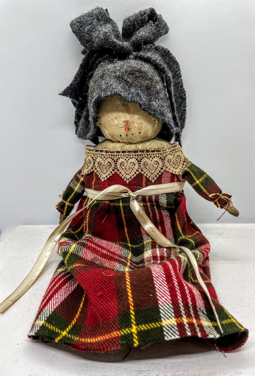 Primitive Country Handmade Christmas Snowman Doll Girl in Dress Carrot Nose - The Primitive Pineapple Collection