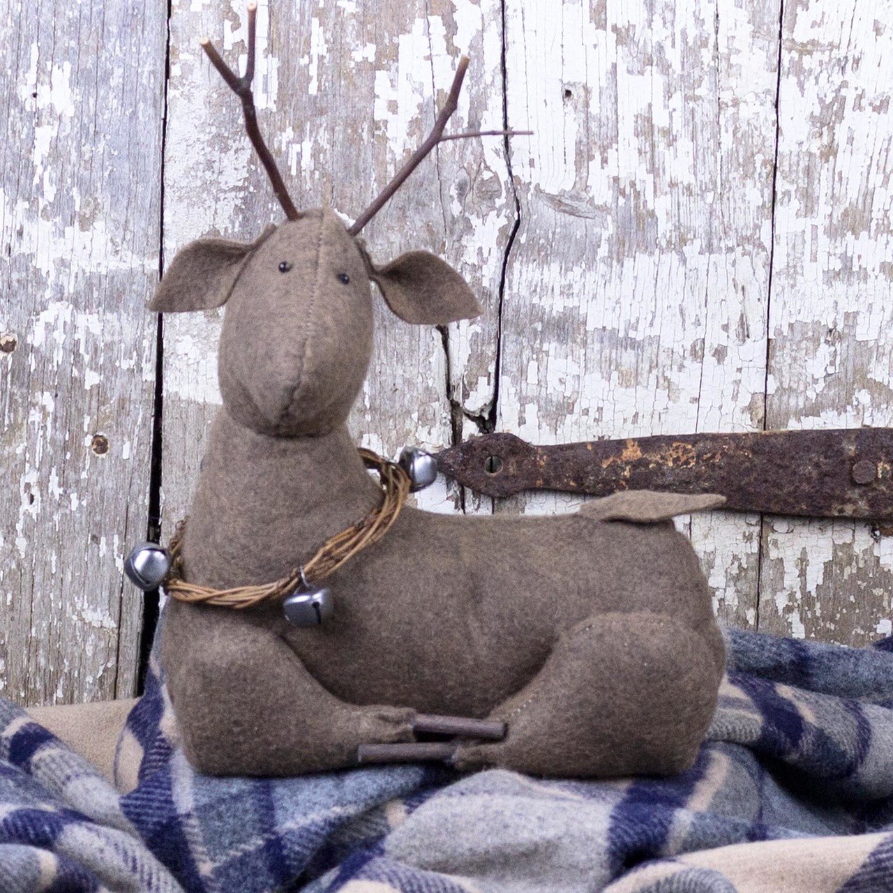 Honey and Me Christmas 12&quot; Laying Country Reindeer Wood Antlers - The Primitive Pineapple Collection