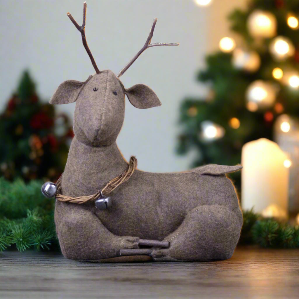 Honey and Me Christmas 12" Laying Country Reindeer Wood Antlers - The Primitive Pineapple Collection