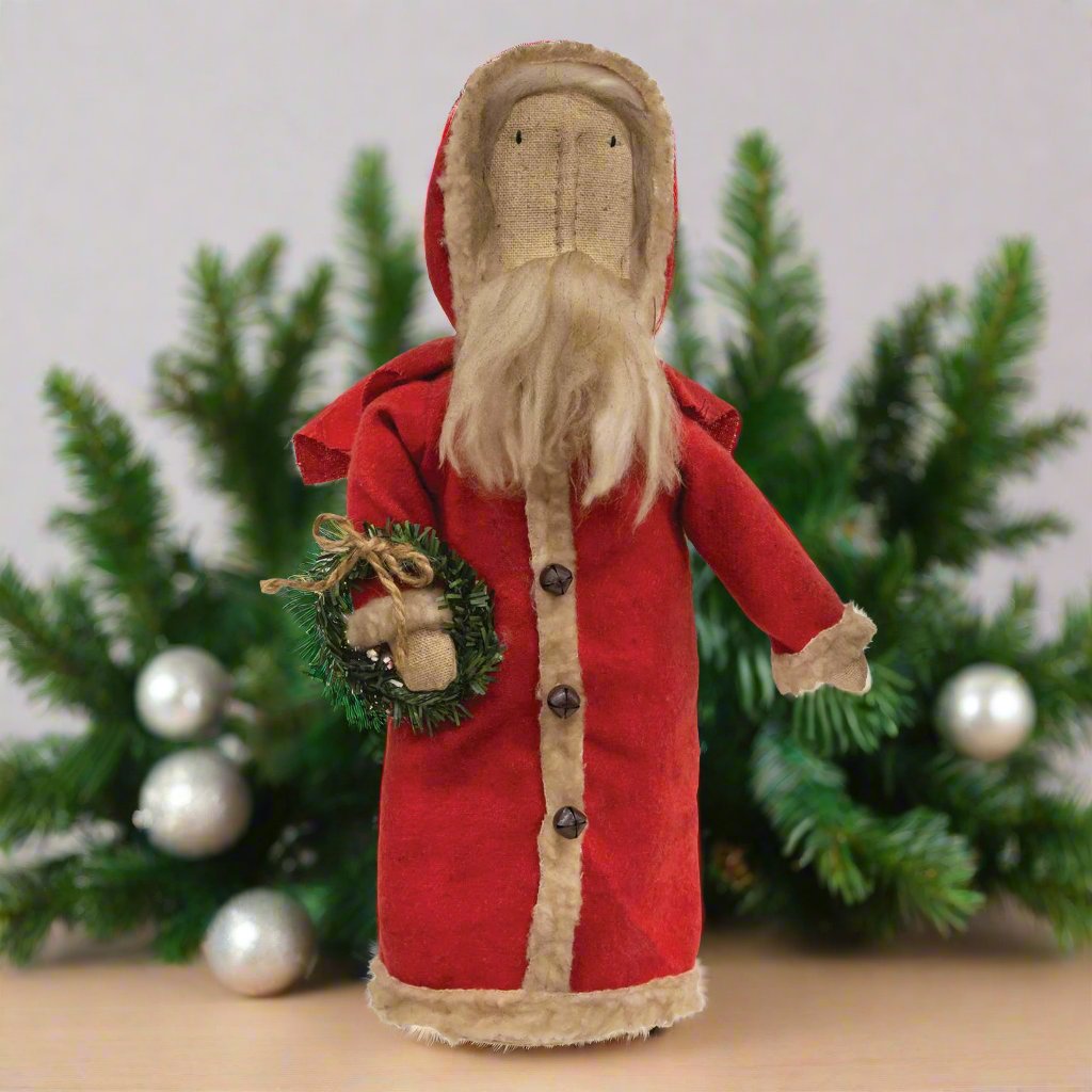 Primitive Christmas Rustic 12&quot; Santa Stump Doll with Wreath - The Primitive Pineapple Collection