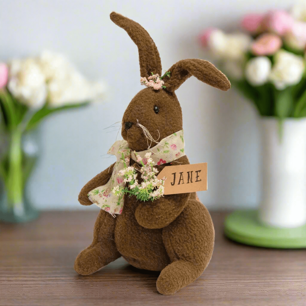 Primitive Easter Spring Brown Jane Girl Bunny w/Flowers Doll 10" - The Primitive Pineapple Collection