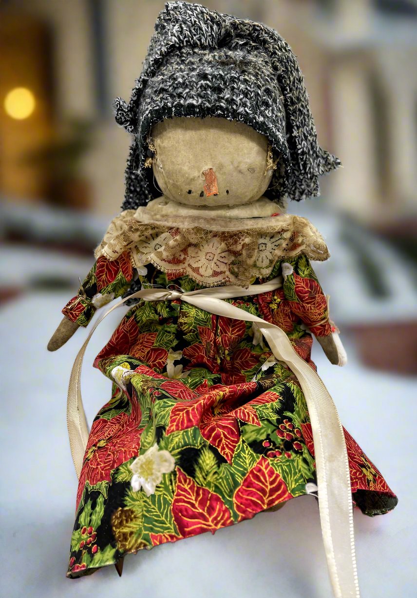 Primitive Country Handmade Christmas Snowman Doll Girl in Dress Carrot Nose - The Primitive Pineapple Collection