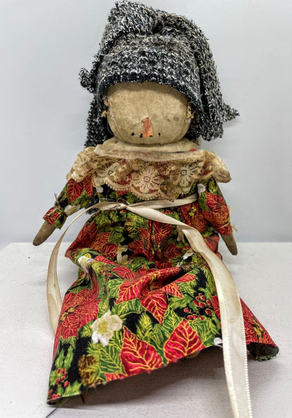 Primitive Country Handmade Christmas Snowman Doll Girl in Dress Carrot Nose - The Primitive Pineapple Collection