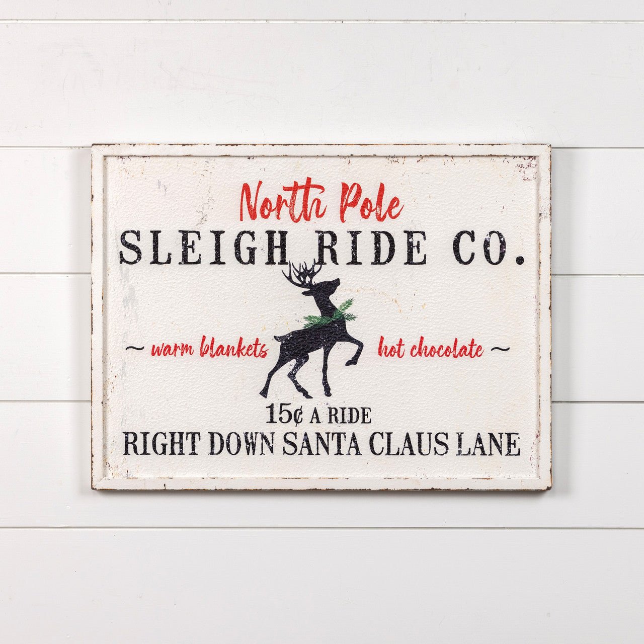 Ragon House Christmas 24” White Distressed North Pole Sleigh Ride Metal Sign - The Primitive Pineapple Collection