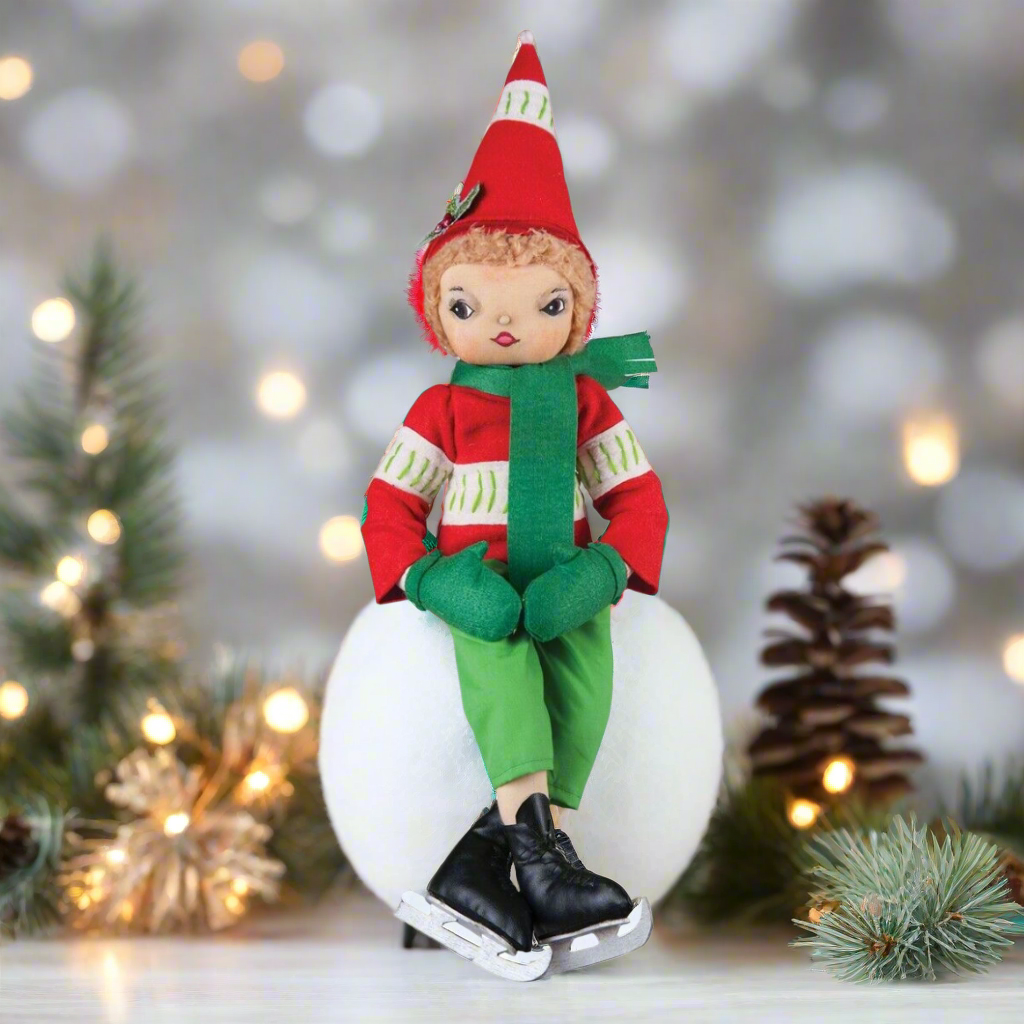 Christmas Winter Joe Spencer 26&quot; Torrence Ice Skating Boy Doll Folk Art - The Primitive Pineapple Collection