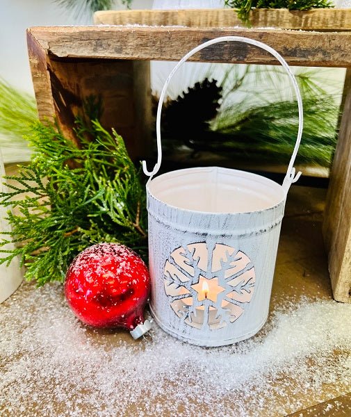 Primitive Christmas White Washed Metal Snowflake Cut Out Lantern 5&quot; - The Primitive Pineapple Collection