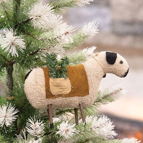 Primitive Farmhouse Christmas Fabric Sheep With Greens 5&quot; Shelf Sitter - The Primitive Pineapple Collection