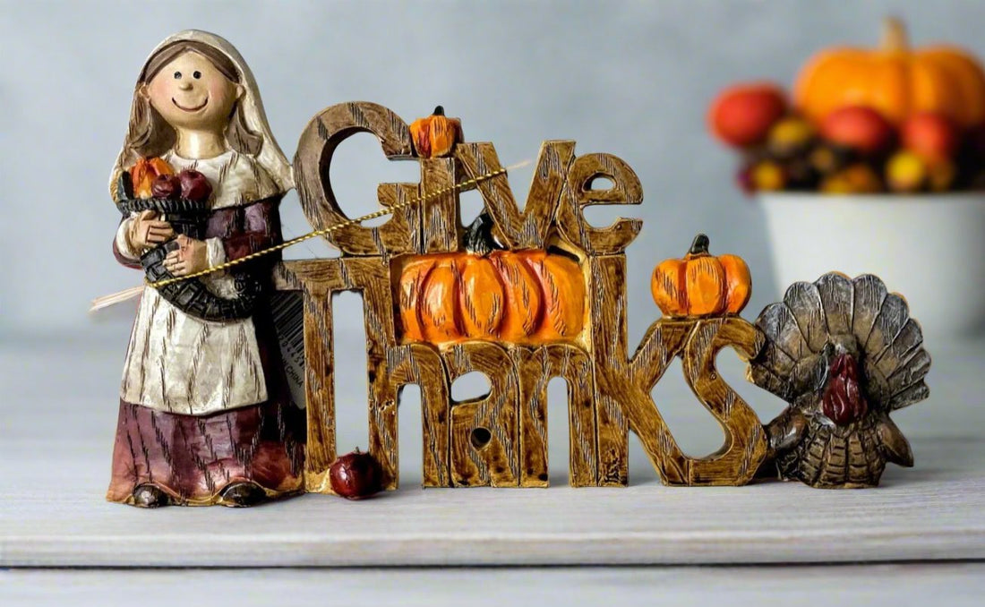 Farmhouse/Country Fall Pilgrim Give Thank of Happy Harvest Tabletop Sign 3” x 4&quot; - The Primitive Pineapple Collection