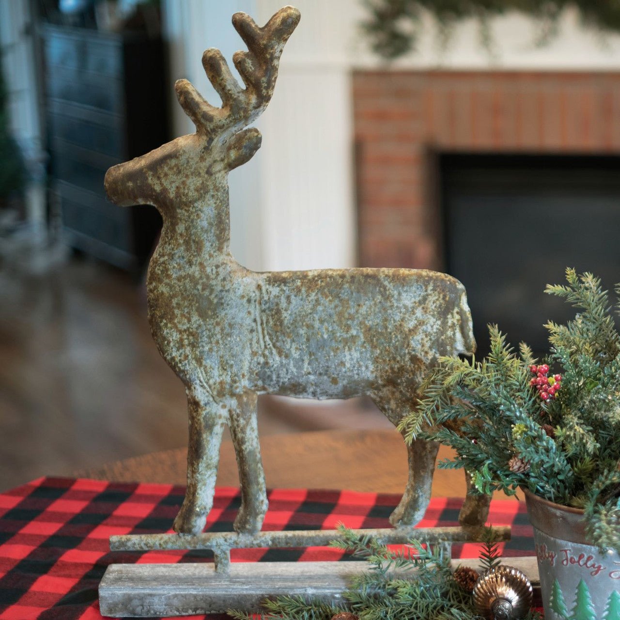 Primitive Ragon House Christmas Distressed Metal Deer On Base 29&quot;H - The Primitive Pineapple Collection