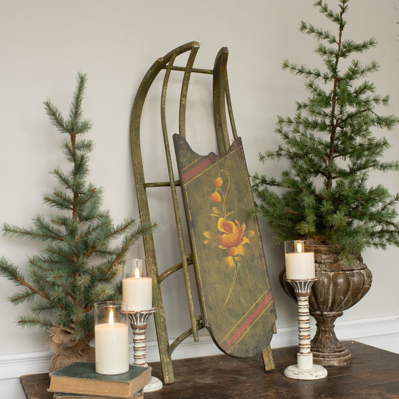 Christmas Ragon House Reproduction 34.25” L Vintage Metal Green Sled - The Primitive Pineapple Collection