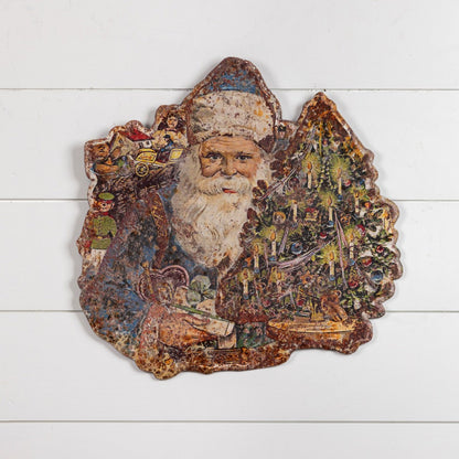 Christmas Ragon House 19”Metal Santa w/ Gifts and Tree Vintage Plaque - The Primitive Pineapple Collection