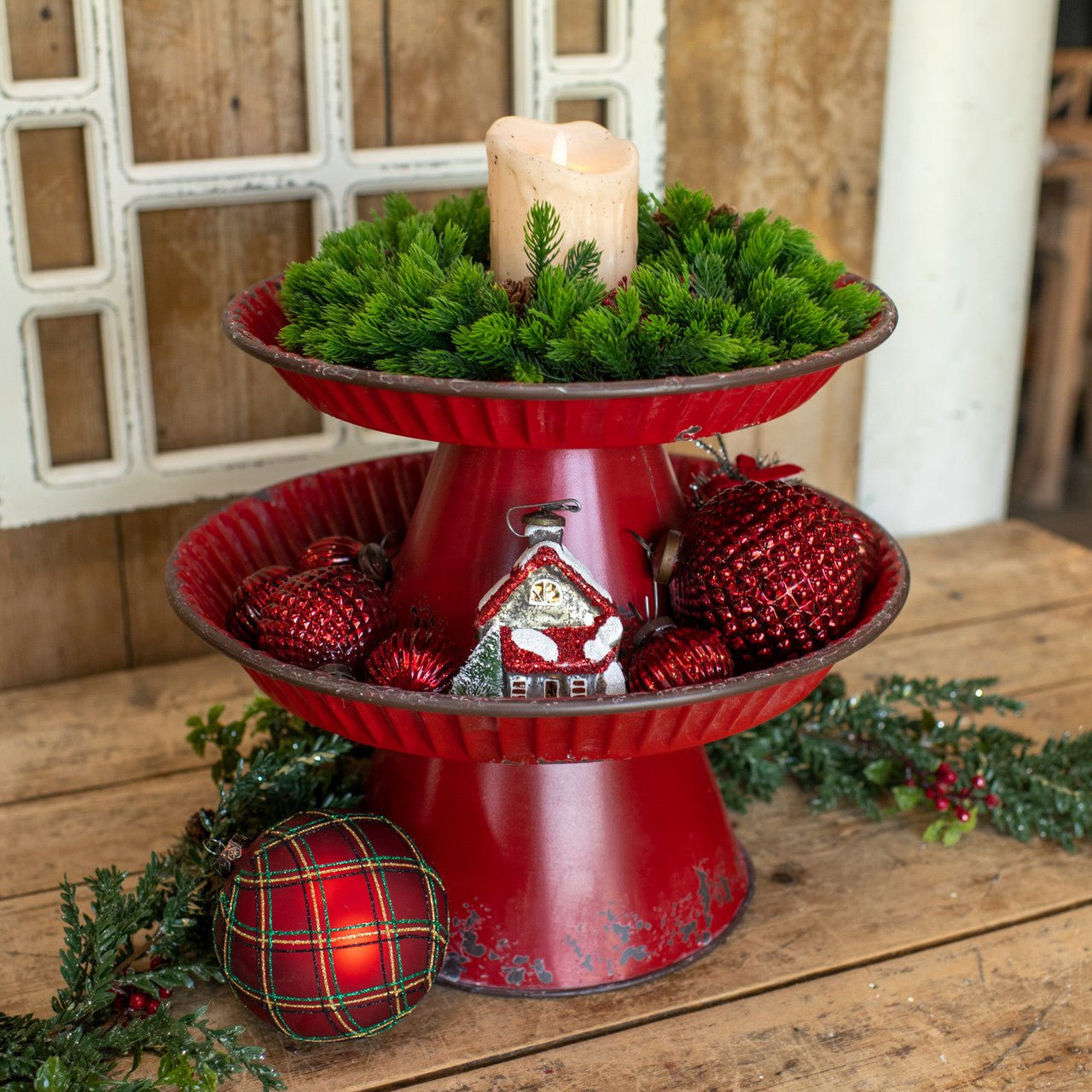 Ragon House Christmas 2 pc Crimped Red Metal Pedestals - The Primitive Pineapple Collection
