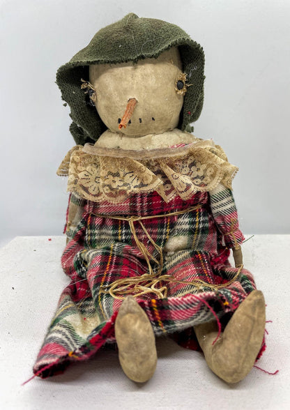 Primitive Country Handmade Christmas Snowman Doll Girl in Dress Carrot Nose - The Primitive Pineapple Collection