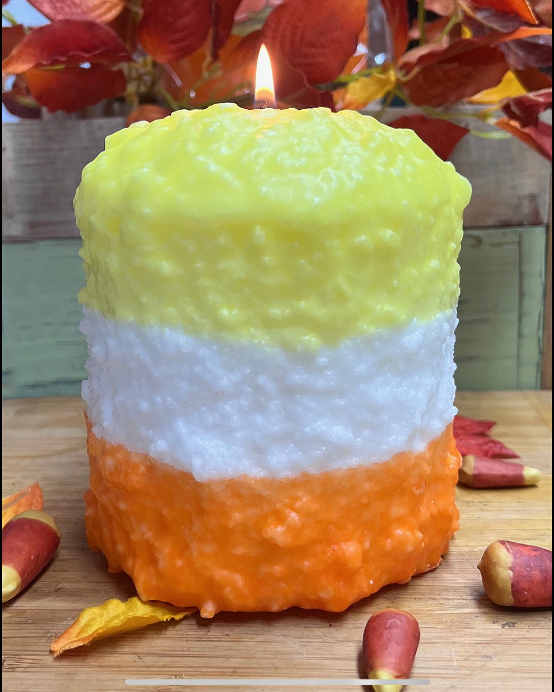 Halloween Fall Handcrafted Candy Corn Large Pillar Hearth Candle - The Primitive Pineapple Collection