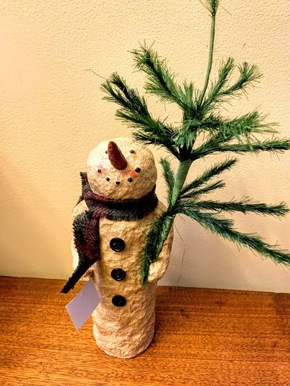Primitive Christmas 10&quot; Snowman w/ Feather Tree - The Primitive Pineapple Collection