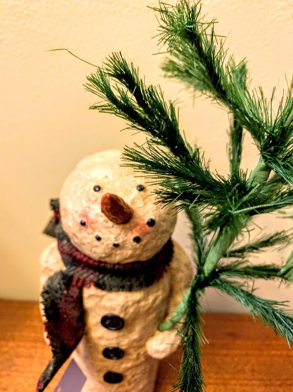 Primitive Christmas 10&quot; Snowman w/ Feather Tree - The Primitive Pineapple Collection