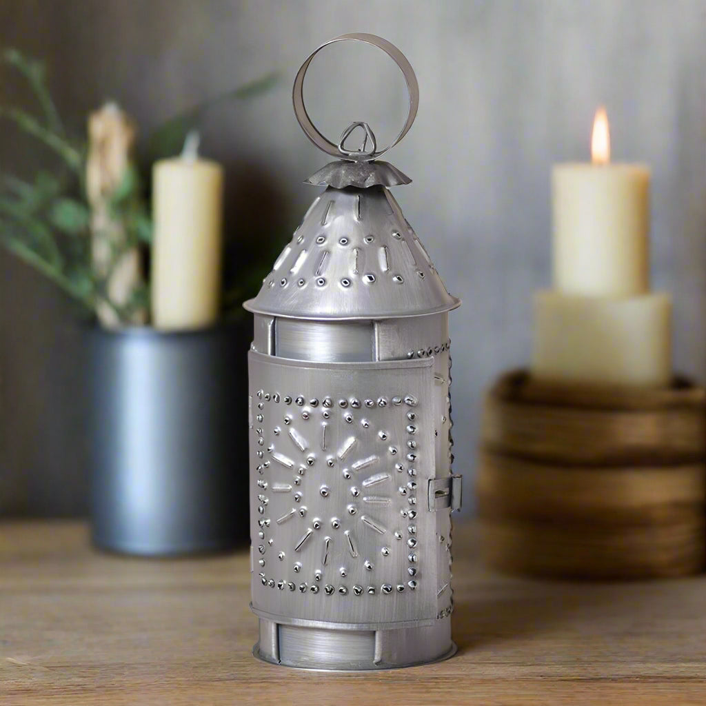 Primitive /Colonial 9" Punched Tin Revere Candle Lantern Antique Tin - The Primitive Pineapple Collection