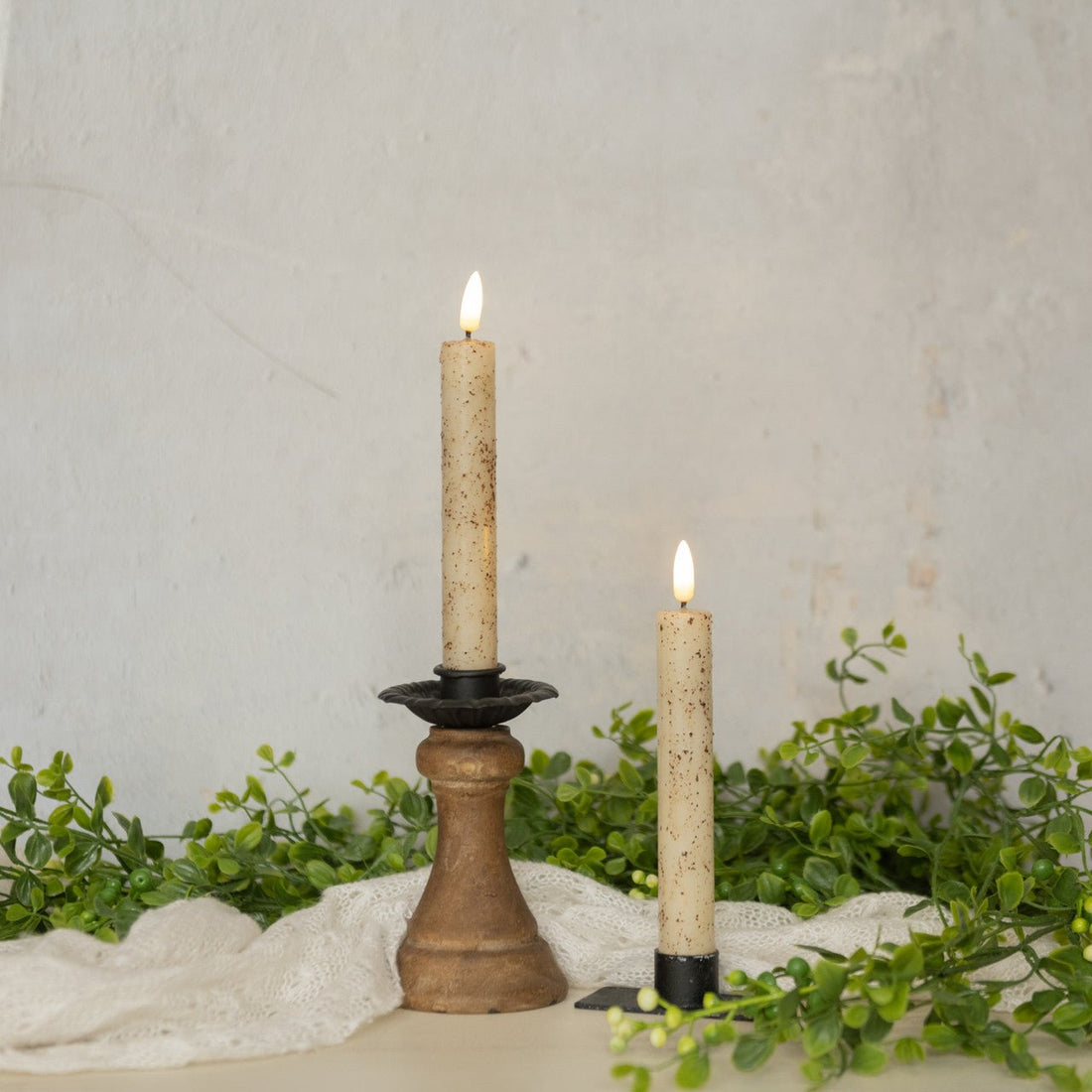 Primitive Country 7" 3D Flame 2 pc Cream Flicker Taper Candle 6hr timer - The Primitive Pineapple Collection