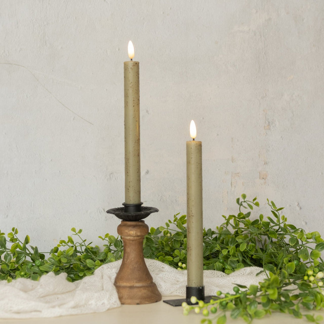 Primitive Country 9.5" 3D Flame 2 pc Green Flicker Taper Candle 6hr timer - The Primitive Pineapple Collection