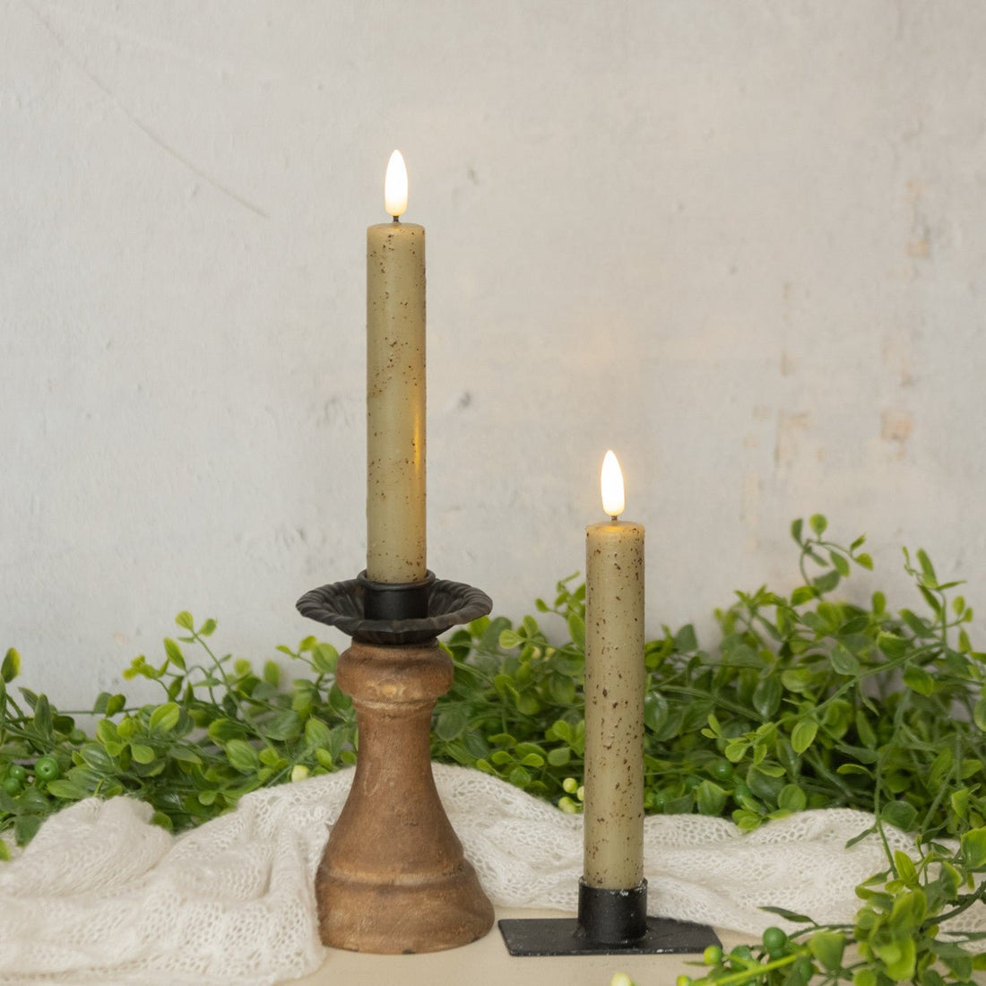 Primitive Country 7" 3D Flame 2 pc Green Flicker Taper Candle 6hr timer - The Primitive Pineapple Collection