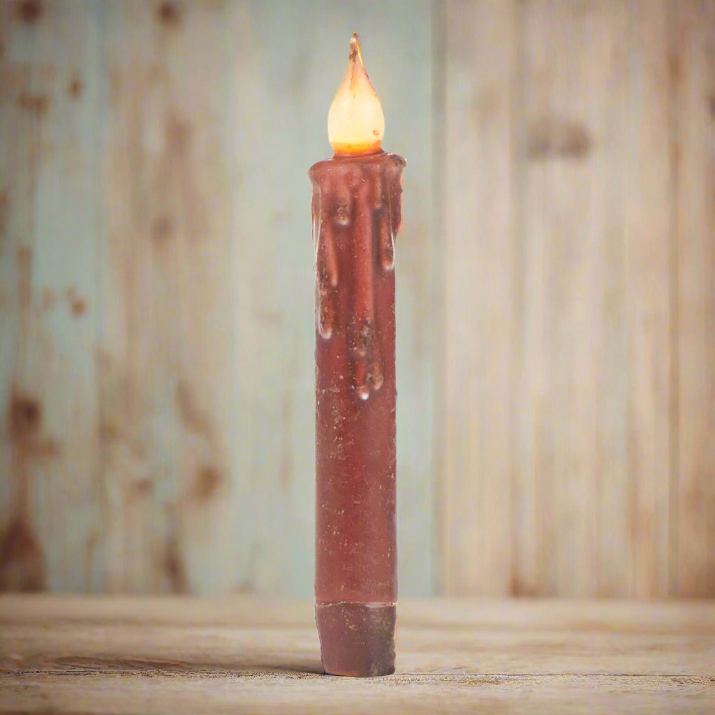Primitive/Country Burgundy 7" Battery Operated Flameless Taper Candle W/ Timer - The Primitive Pineapple Collection