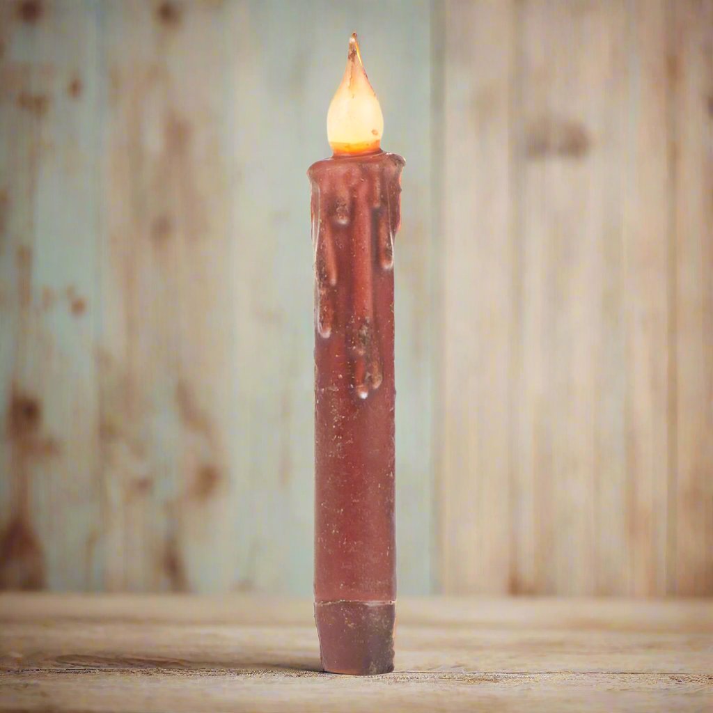 Primitive/Country Burgundy 7&quot; Battery Operated Flameless Taper Candle W/ Timer - The Primitive Pineapple Collection