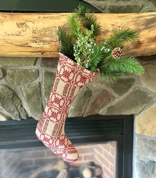 Primitive Christmas Cambridge Red/Green/Tan Coverlet Fabric Stocking 25&quot;L - The Primitive Pineapple Collection
