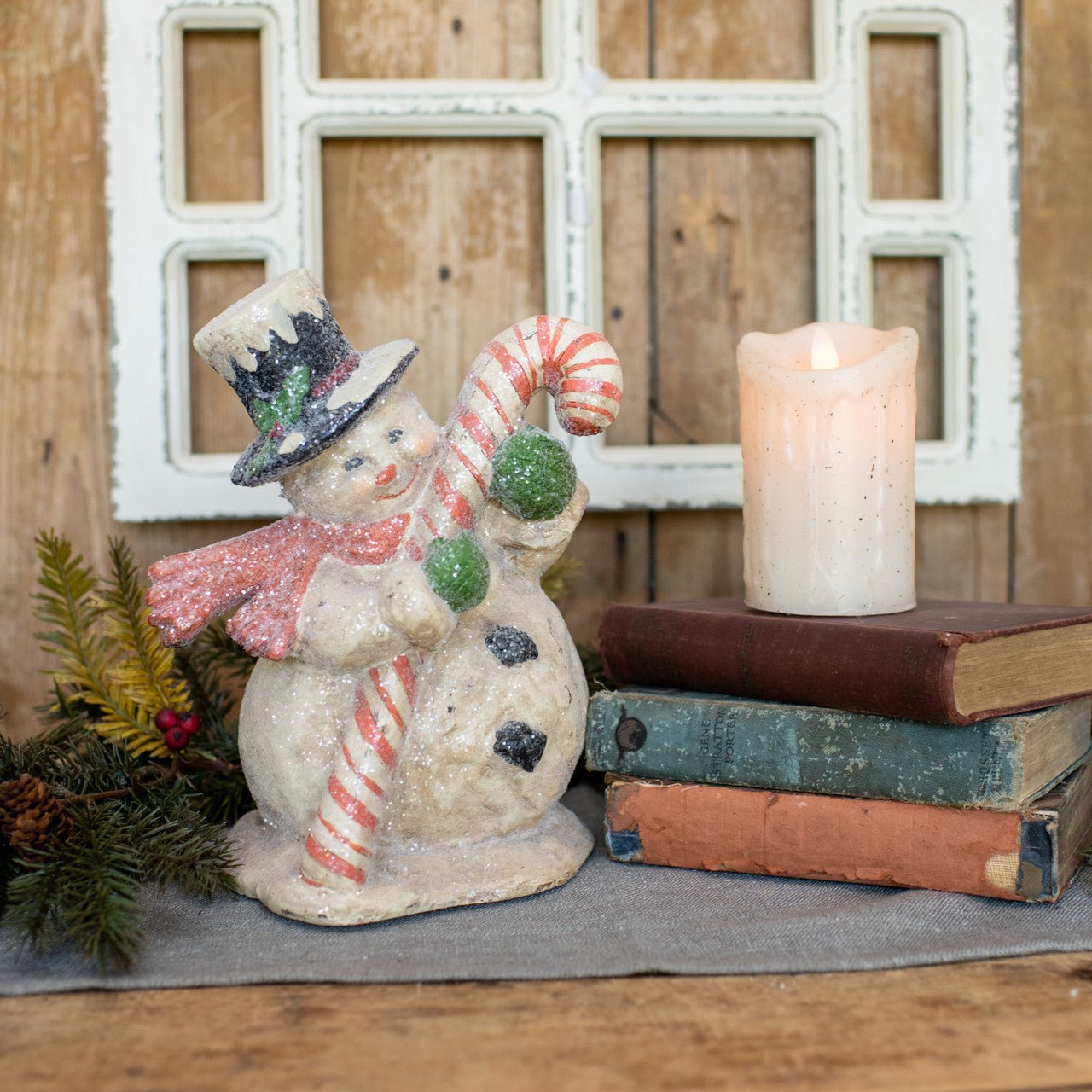 Primitive Christmas Ragon House 10” Retro Look Candy Cane Snowman - The Primitive Pineapple Collection