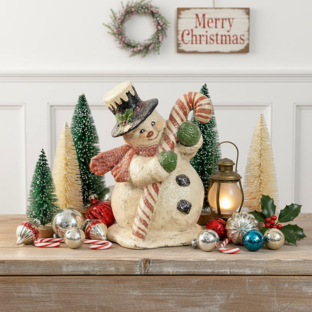 Primitive Christmas Ragon House 10” Retro Look Candy Cane Snowman - The Primitive Pineapple Collection