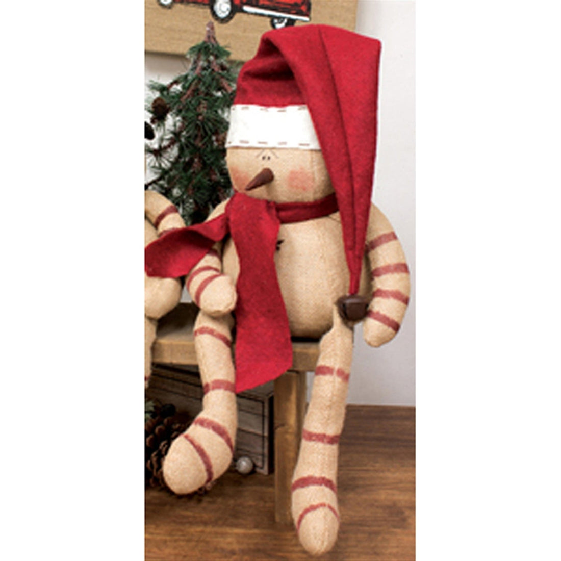 Christmas 15&quot; Candy Cane Snowman Doll w/ Santa stocking Cap - The Primitive Pineapple Collection