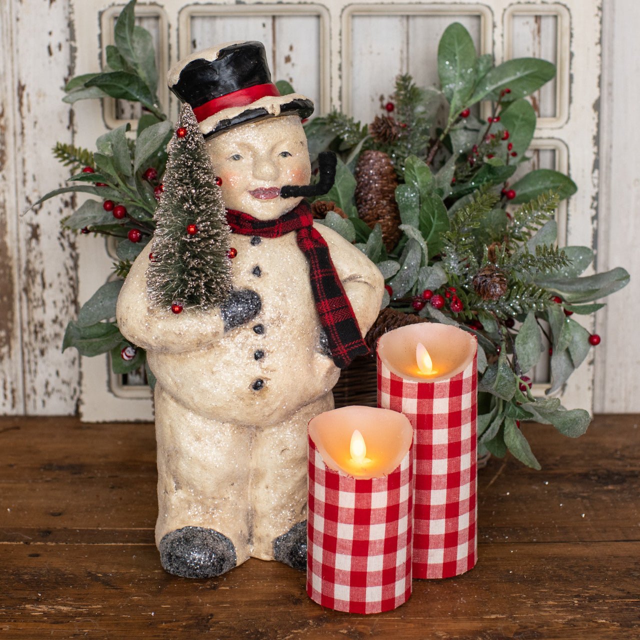 Primitive Ragon House Christmas 16&quot; Face Snowman w/ Bottle Brush Tree - The Primitive Pineapple Collection