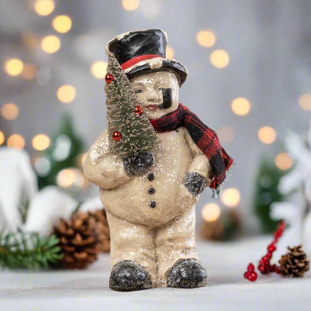 Primitive Ragon House Christmas 8&quot; Face Snowman w/ Bottle Brush Tree - The Primitive Pineapple Collection