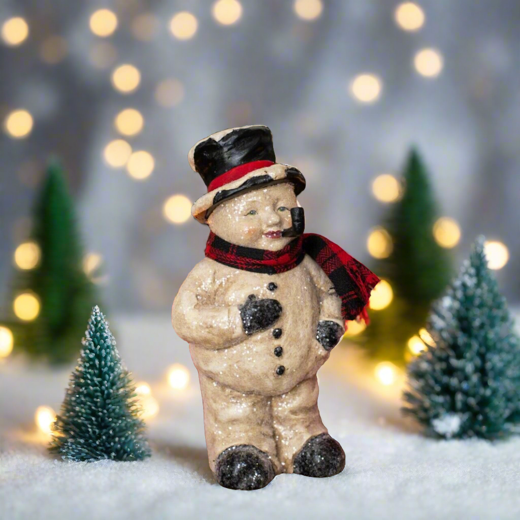 Primitive Ragon House Christmas Folk art 8.5&quot; Face Snowman Pipe Scarf Top Hat - The Primitive Pineapple Collection