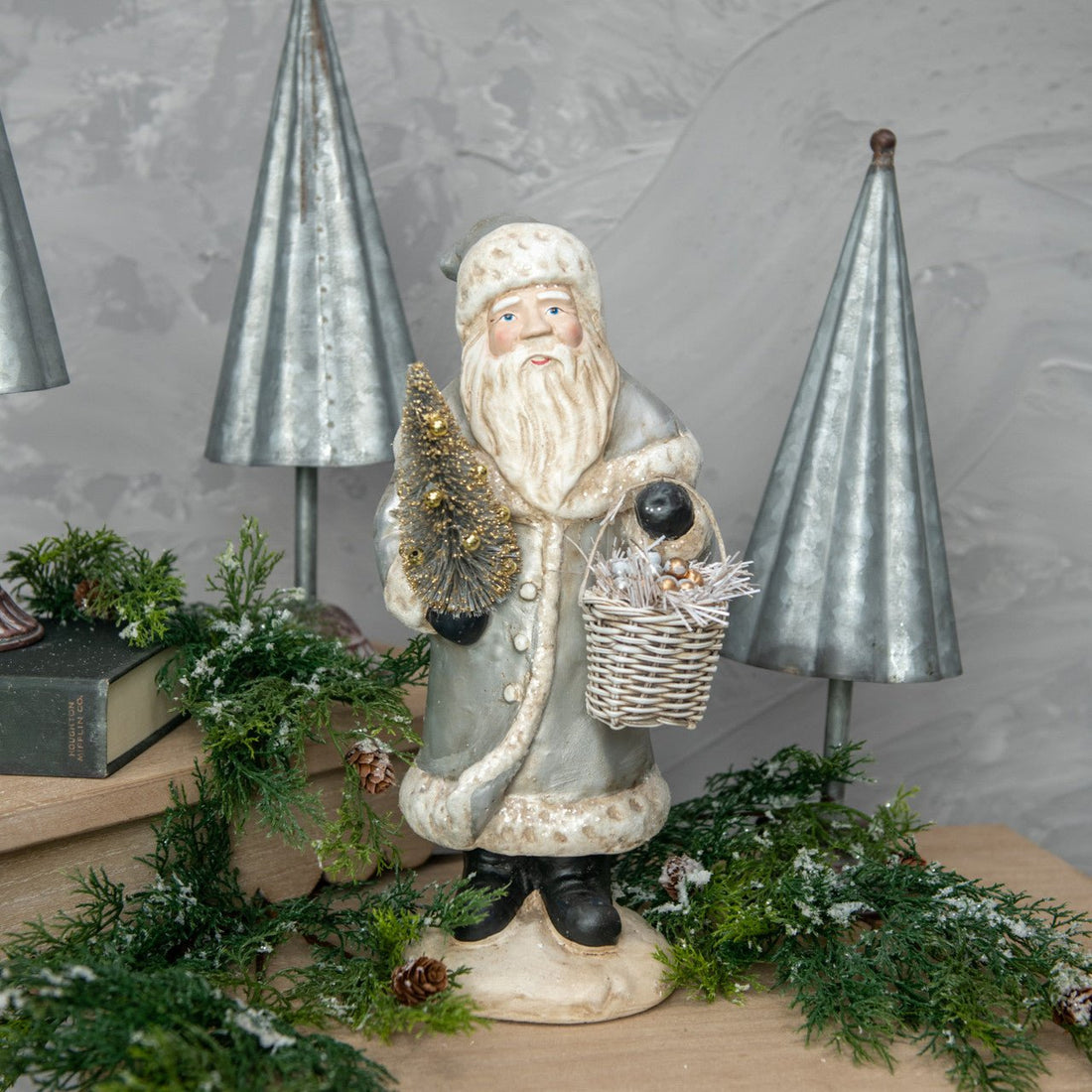 Christmas Ragon House 14” Silver Vintage Look Santa Claus w/Basket - The Primitive Pineapple Collection