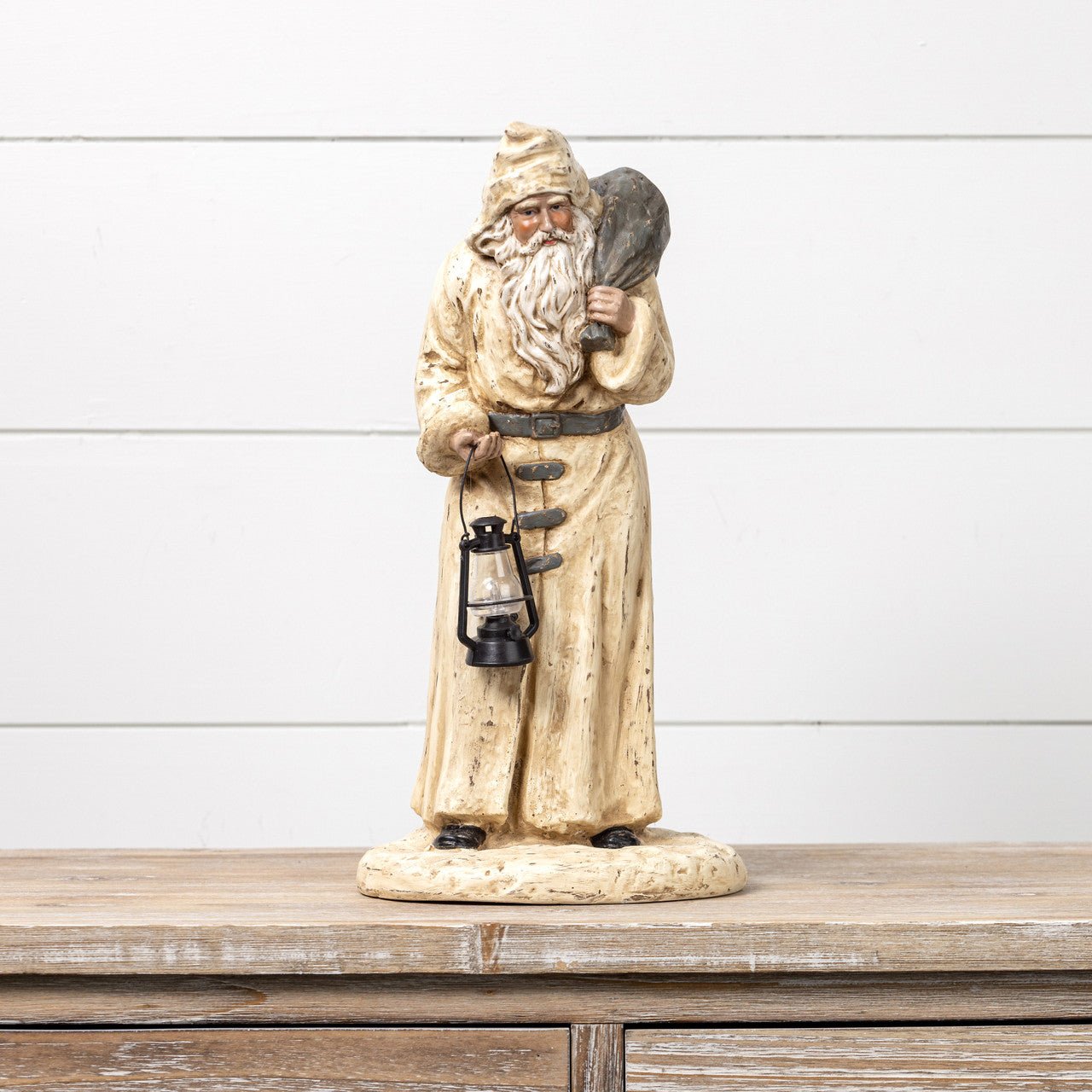 Ragon House Christmas 15.5” Antique Cream Santa with Lantern Figurine - The Primitive Pineapple Collection