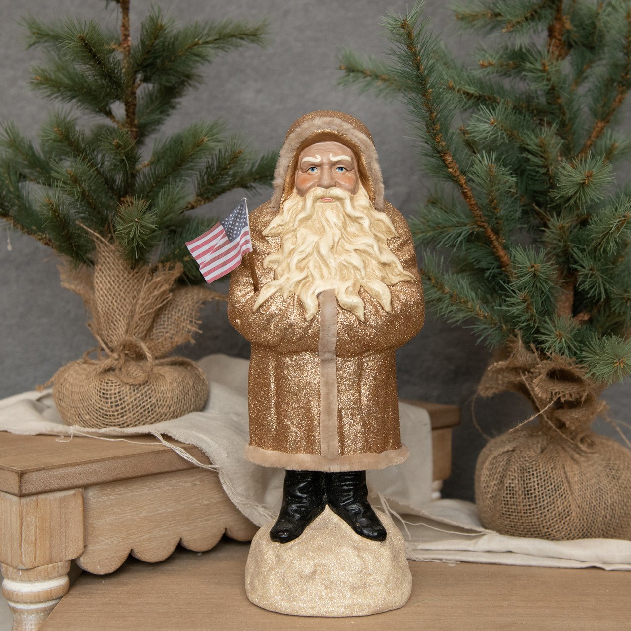 Christmas Ragon House 13.5” Gold German Style Belsnickle Santa w/ USA Flag - The Primitive Pineapple Collection