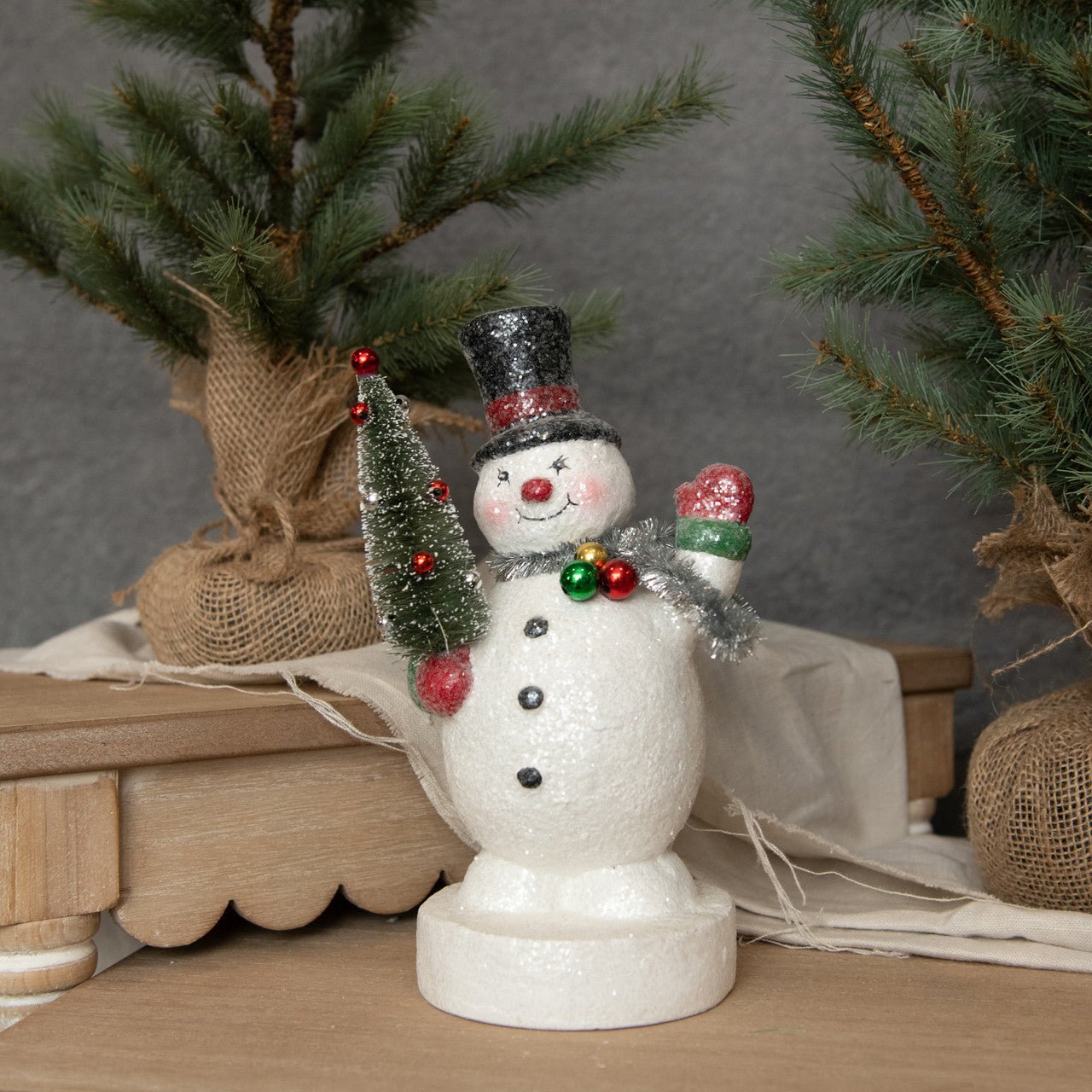 Primitive Ragon House Christmas 9.5&quot; Snowman w/ Tinsel Scarf Figurine - The Primitive Pineapple Collection