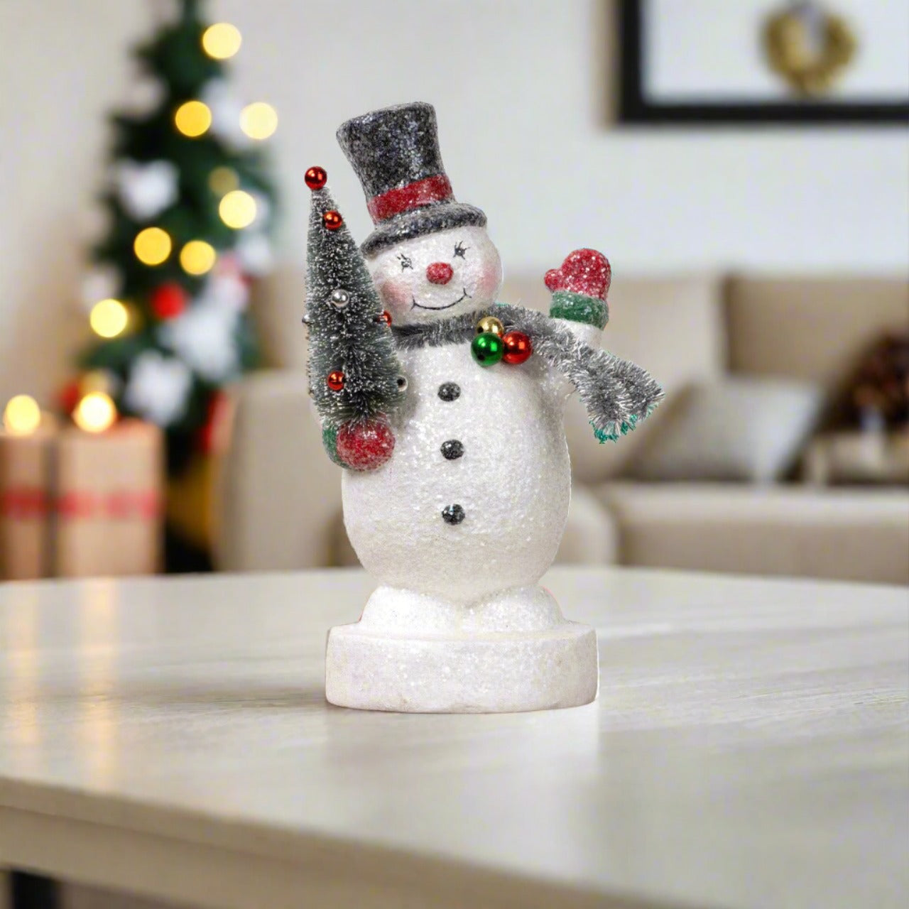 Primitive Ragon House Christmas 9.5&quot; Snowman w/ Tinsel Scarf Figurine - The Primitive Pineapple Collection