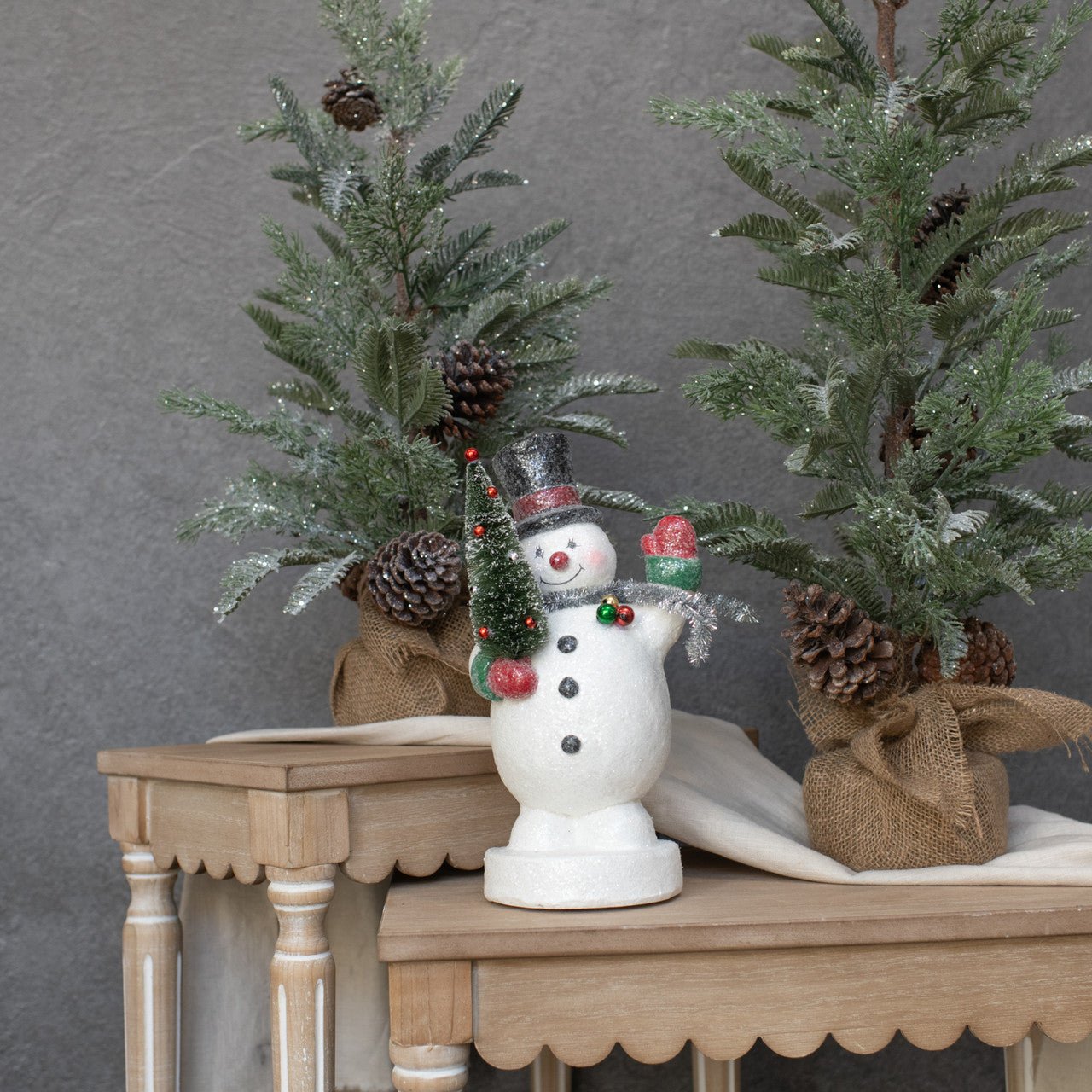Ragon House 12” Snowman Figurine w/Bottle Brush Tree Tinsel - The Primitive Pineapple Collection