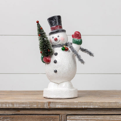 Ragon House 12” Snowman Figurine w/Bottle Brush Tree Tinsel - The Primitive Pineapple Collection