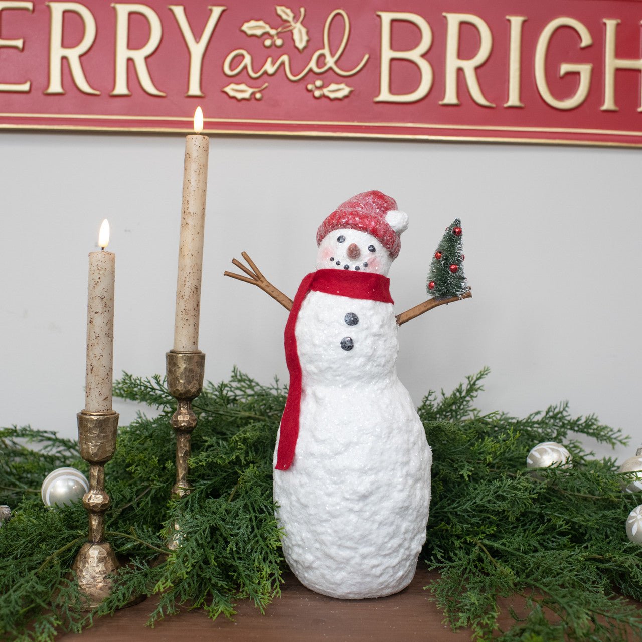 Christmas Ragon House 14&quot; Bundled Snowman w/ Bottle Brush Tree - The Primitive Pineapple Collection