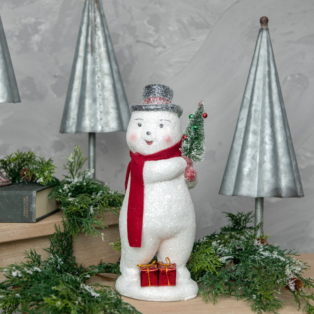 Ragon House Christmas 12” Vintage Snowman w/ Presents /Bottle Brush Tree - The Primitive Pineapple Collection