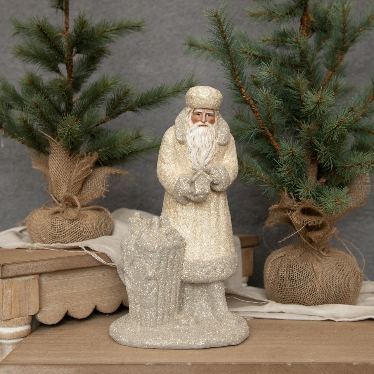 Ragon House Christmas 12” Cream and Gray Santa with Toy Bag Figurine - The Primitive Pineapple Collection