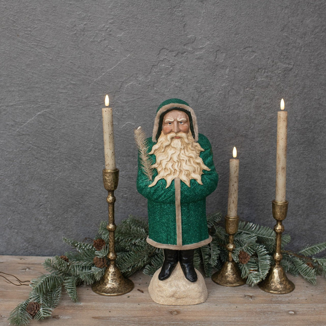 Christmas Ragon House 17” Green German Style Belsnickle Santa w/ Goose Feather Branch - The Primitive Pineapple Collection