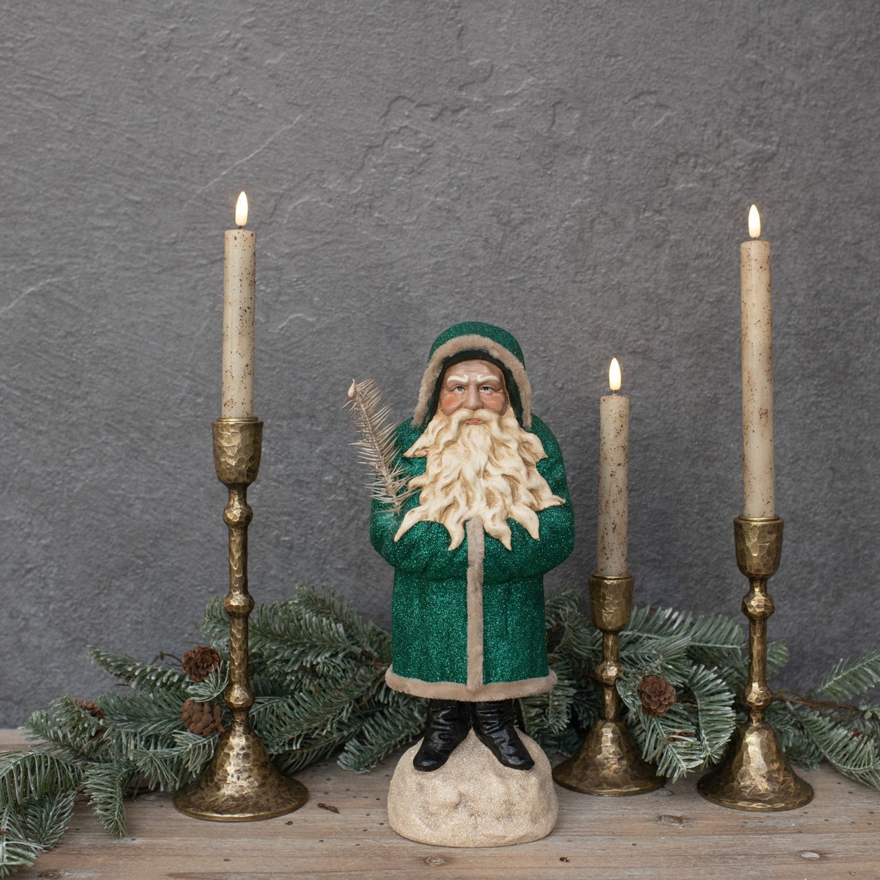 Christmas Ragon House 13.5” Green German Style Belsnickle Santa w/ Goose Feather - The Primitive Pineapple Collection