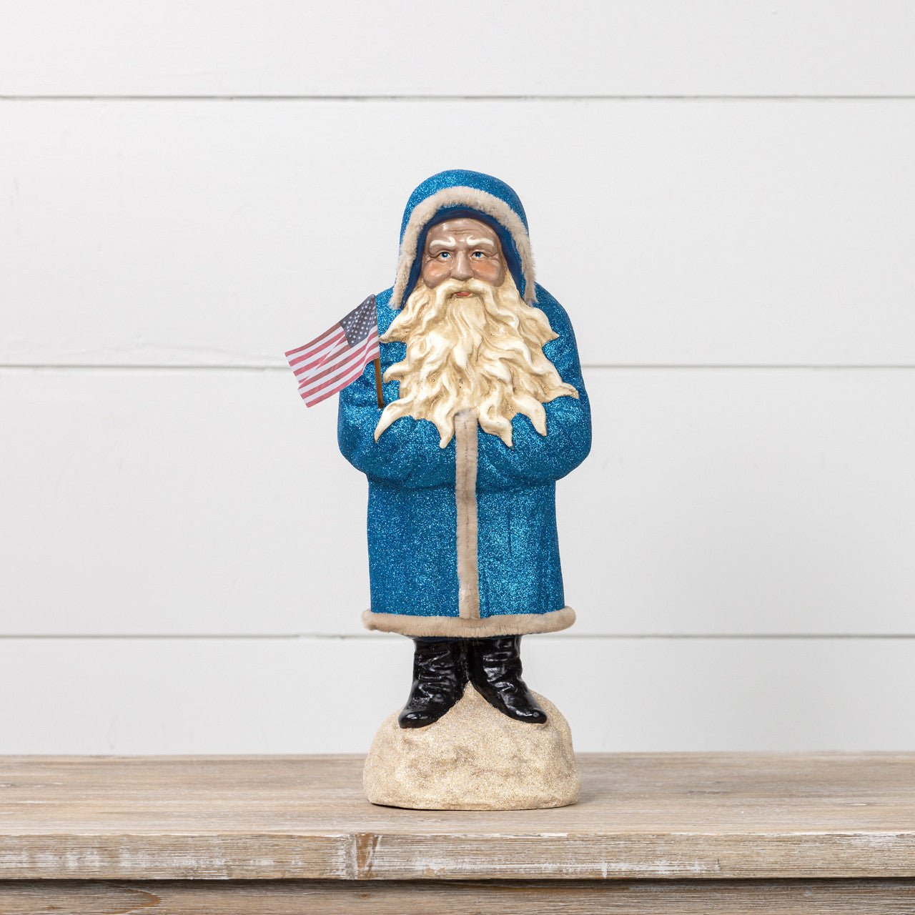 Christmas Ragon House 13.5” Blue German Style Belsnickle Santa w/ USA Flag - The Primitive Pineapple Collection