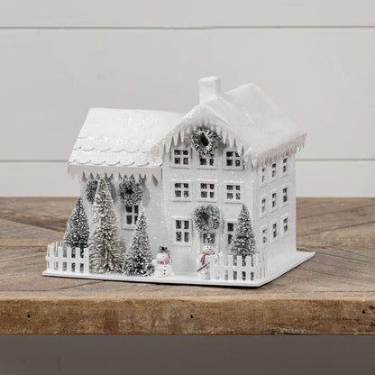 Ragon House Christmas Putz Style Light Up 8&quot; White Farmhouse Bottle Brush Tree Snowman - The Primitive Pineapple Collection