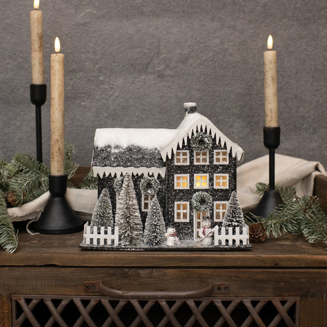 Ragon House Christmas Putz Style Light Up 8" Black Farmhouse Bottle Brush Tree Snowman - The Primitive Pineapple Collection