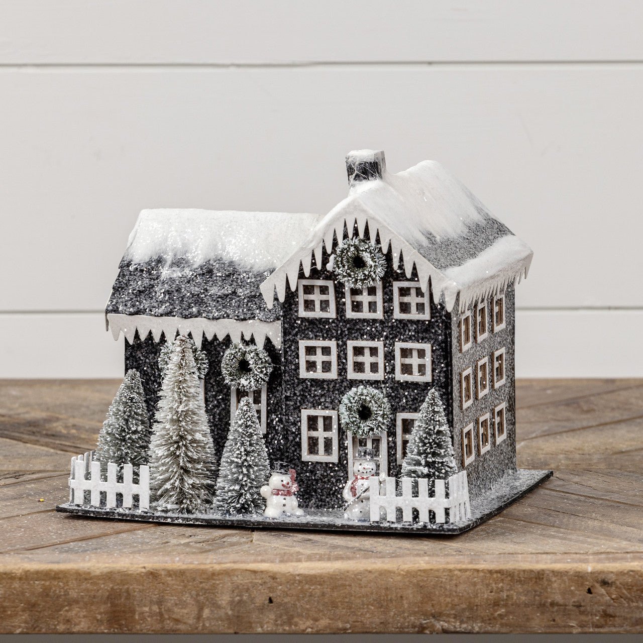 Ragon House Christmas Putz Style Light Up 8&quot; Black Farmhouse Bottle Brush Tree Snowman - The Primitive Pineapple Collection