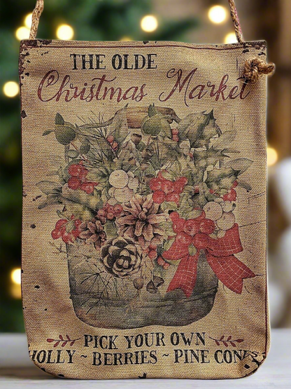 Handcrafted Primitive Retro look Hanging Olde Christmas Market Fabric pouch/Bag - The Primitive Pineapple Collection